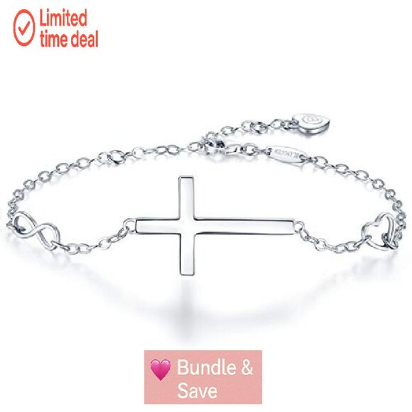 Sterling Silver Cross Infinity Heart Bracelet, 925, 21.5cm, Religious Gift - Picture 2 of 8